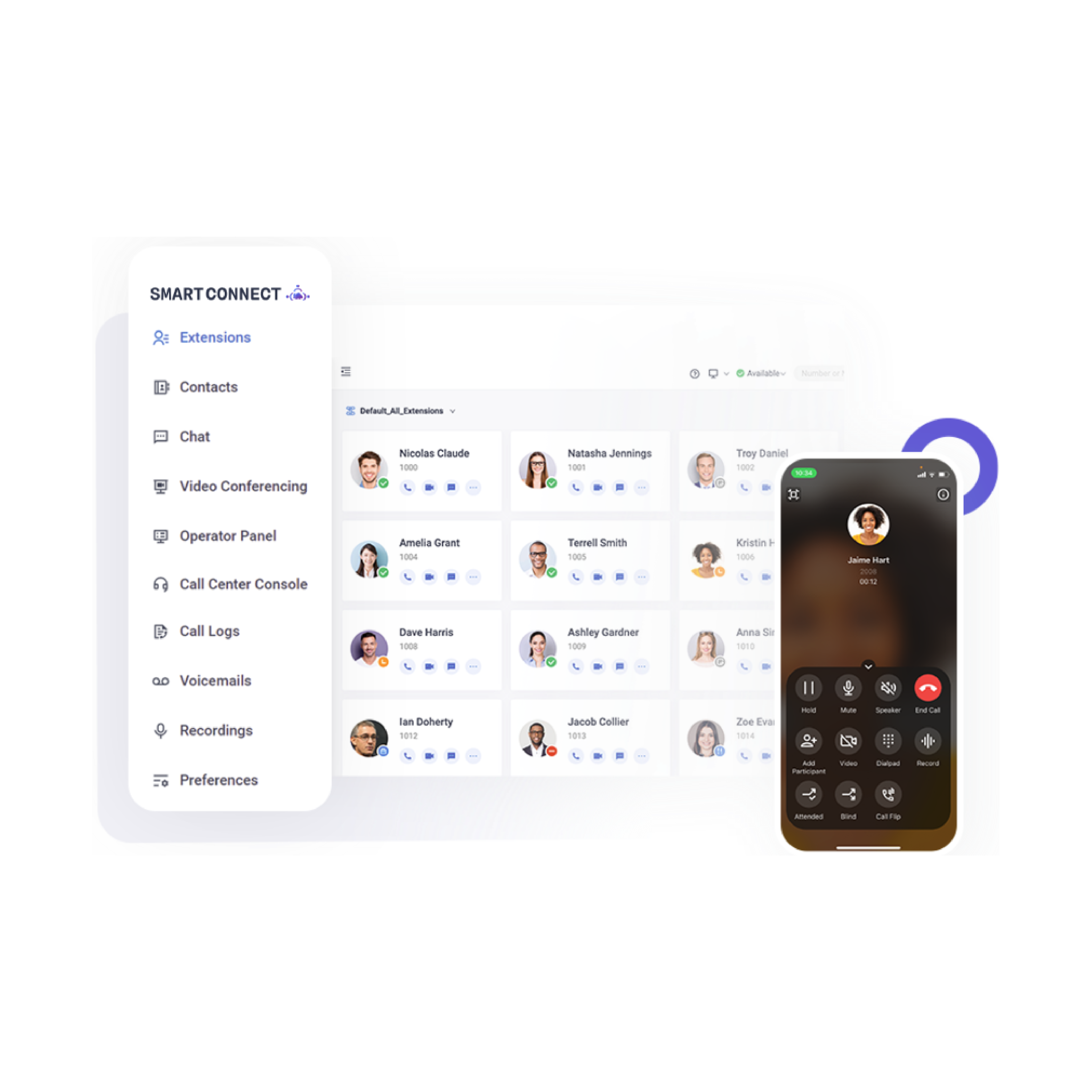 Interface do Smart Connect — painel de ramais e app mobile